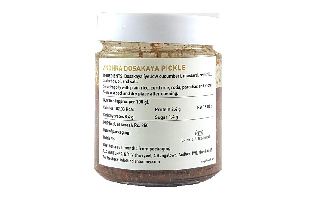 Indian Tummy Andhra Dosakaya Pickle    Glass Jar  175 grams